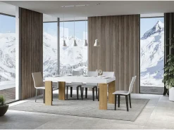 Mesa rectangular extensible blanca y madera clara 180 a 440 cm Ribo-Base y soporte con ruedas