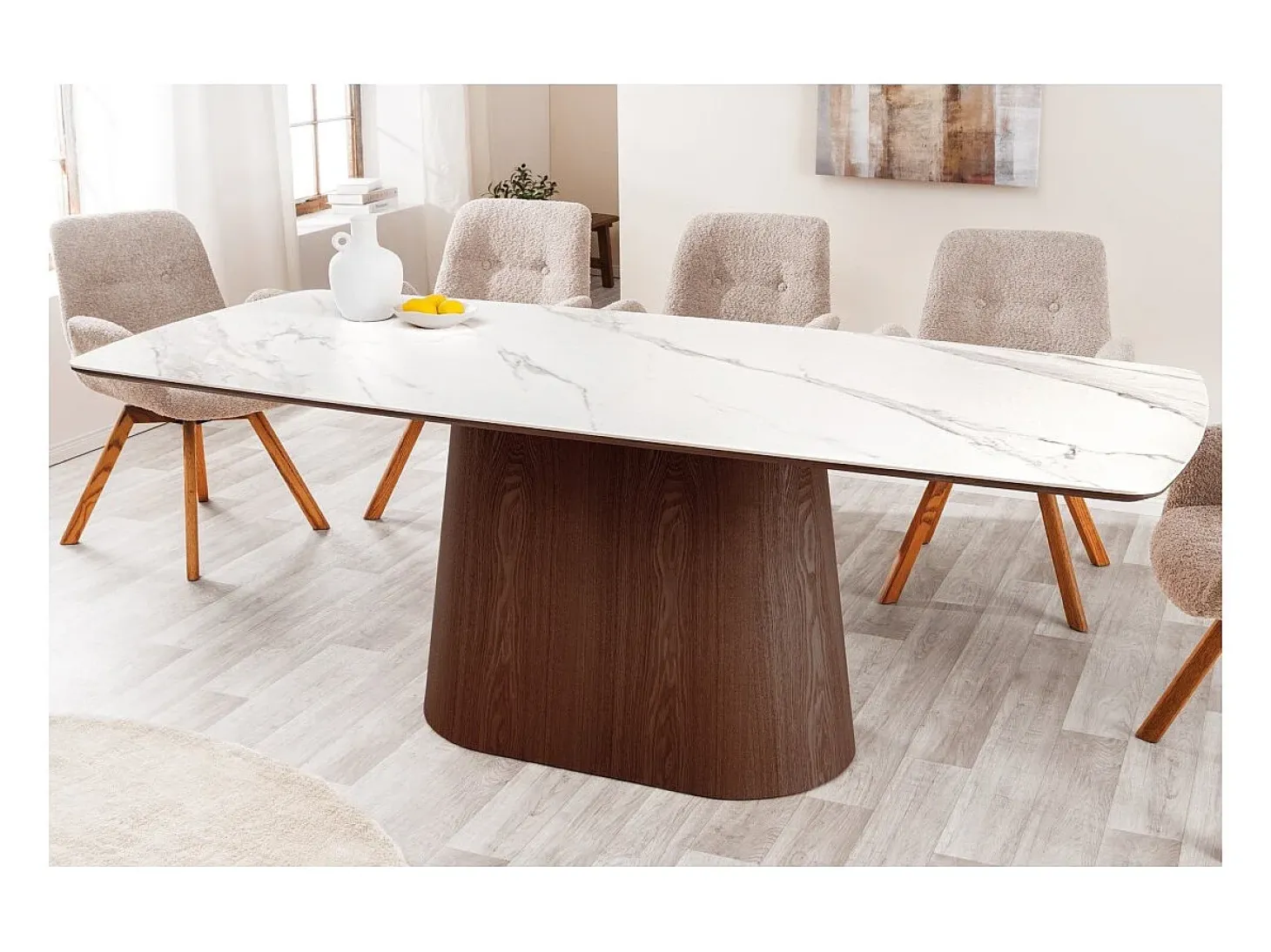 Mesa rectangular LUMEA – 200 cm – Tablero cerámico efecto mármol blanco y pie en madera oscura – Estilo contemporáneo