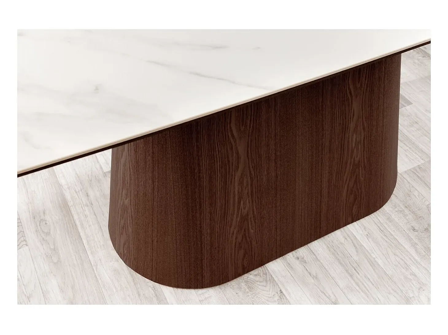 Mesa rectangular LUMEA – 200 cm – Tablero cerámico efecto mármol blanco y pie en madera oscura – Estilo contemporáneo