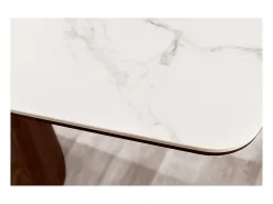 Mesa rectangular LUMEA – 200 cm – Tablero cerámico efecto mármol blanco y pie en madera oscura – Estilo contemporáneo