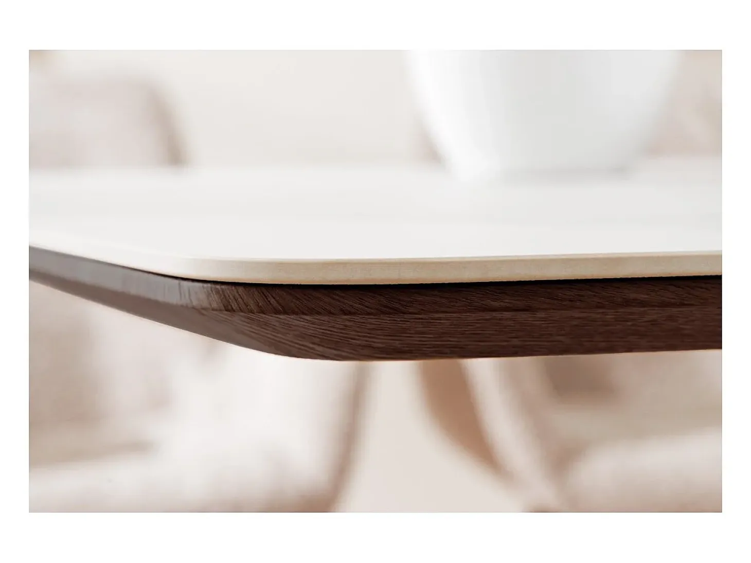 Mesa rectangular LUMEA – 200 cm – Tablero cerámico efecto mármol blanco y pie en madera oscura – Estilo contemporáneo