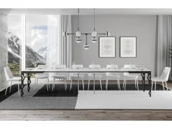Mesa rectangular oriental extensible para 6 a 20 personas L 180 a 440 cm lacada en blanco y estructura de metal antracita Zakary