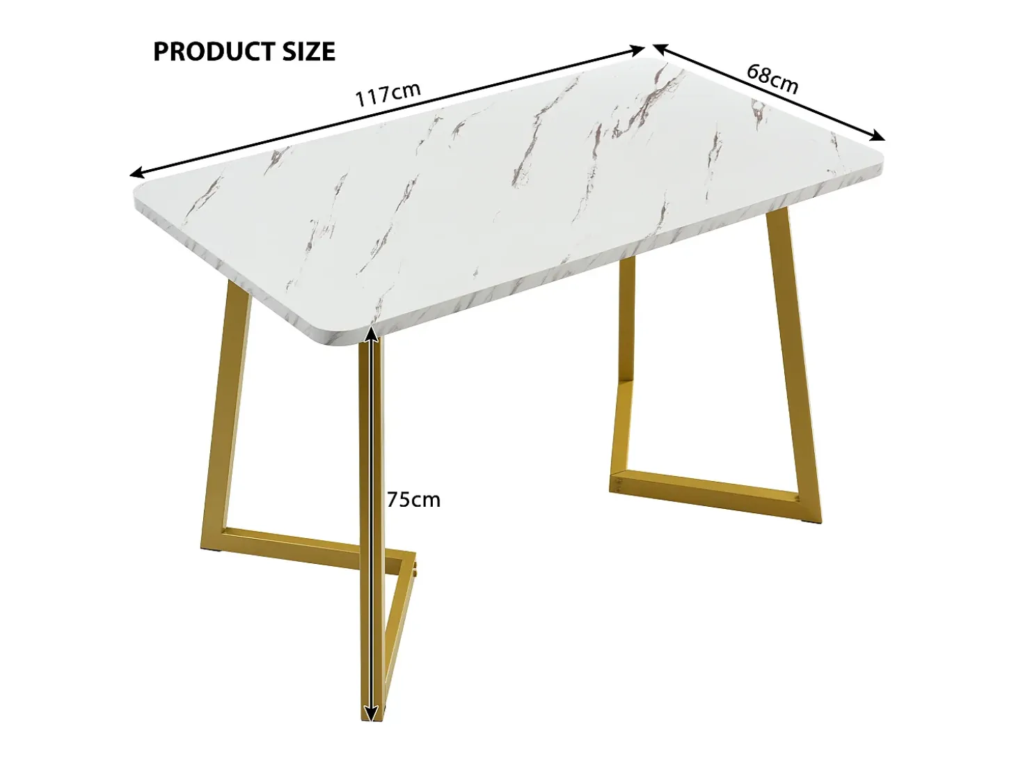 Mesa rectangular 117x68 cm, diseño mármol blanco, patas de metal dorado para cocina y salón
