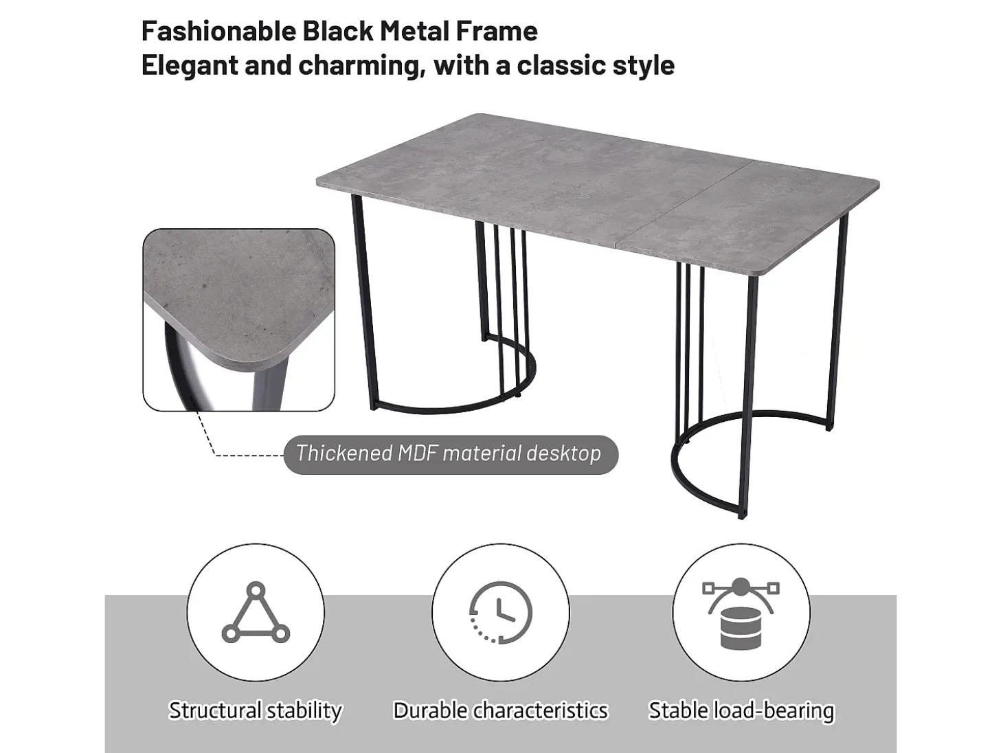Mesa rectangular 140x80 cm, mármol gris, patas metálicas regulables, para cocina y salón