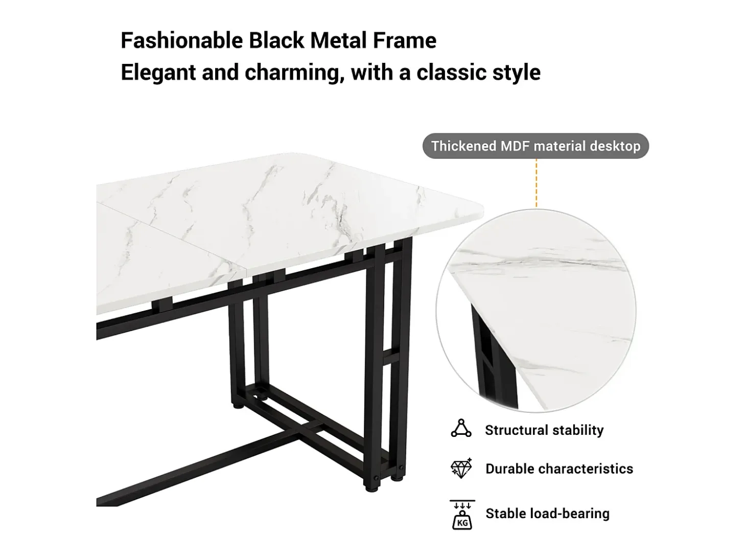 Mesa rectangular 120x70 cm, patas de metal negro, moderna y elegante para comedor y cocina.