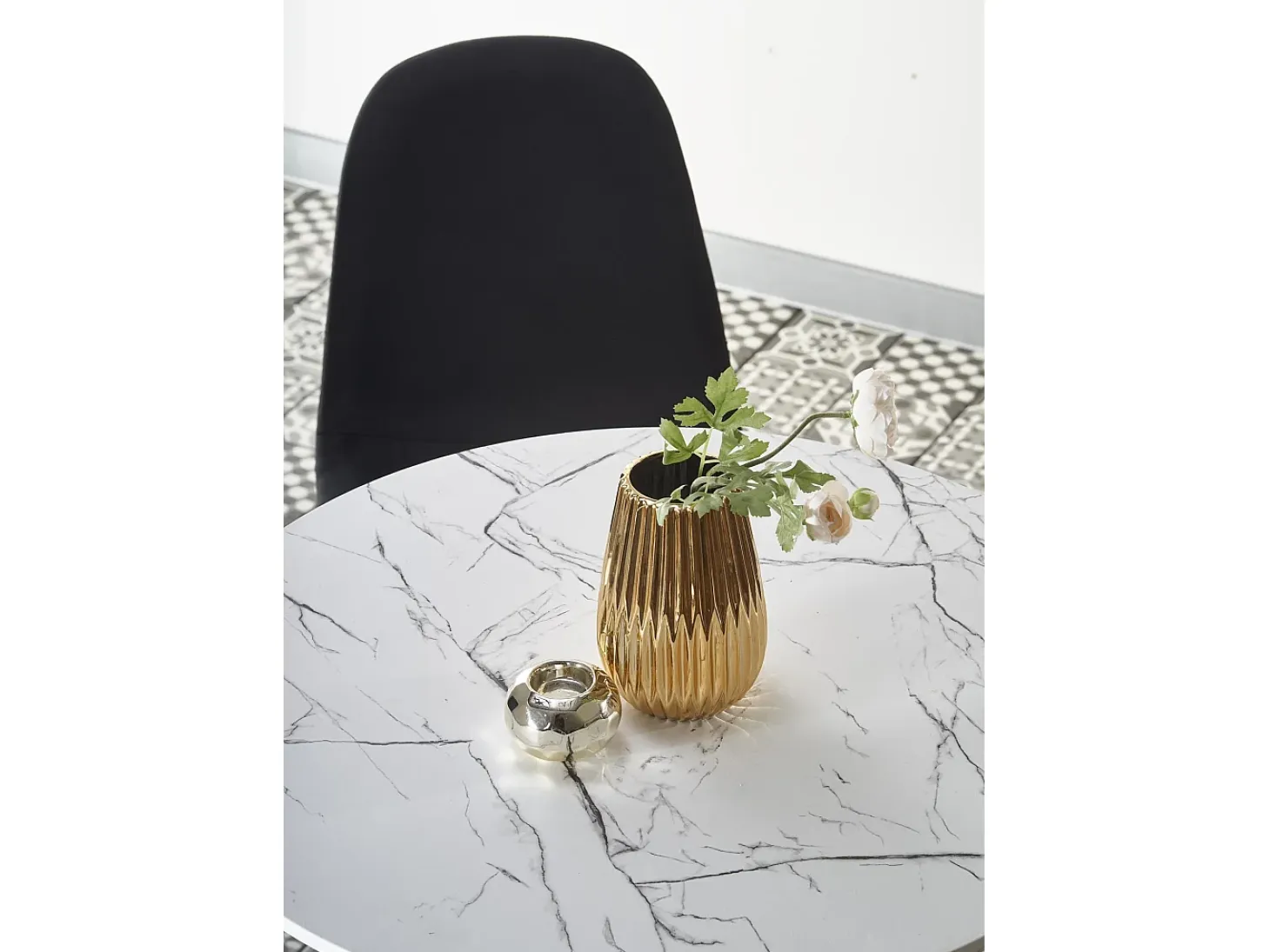 Mesa redonda blanca de 80 cm con tablero imitación mármol y base de metal DANU
