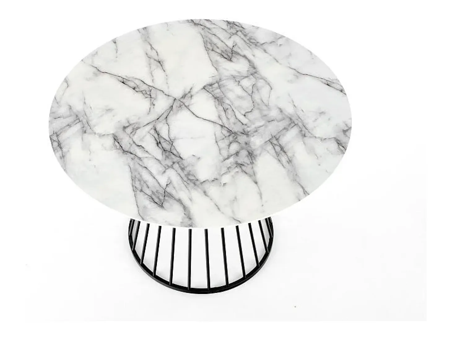 Mesa redonda con tablero de aspecto mármol blanco y pata central de diseño metálico negro DAGAN