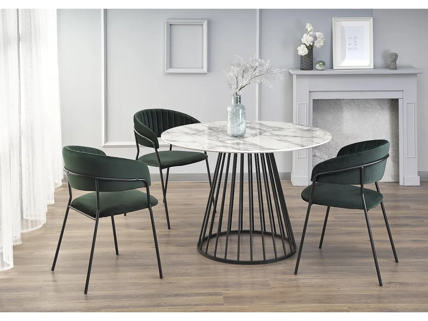 Mesa redonda con tablero de aspecto mármol blanco y pata central de diseño metálico negro DAGAN
