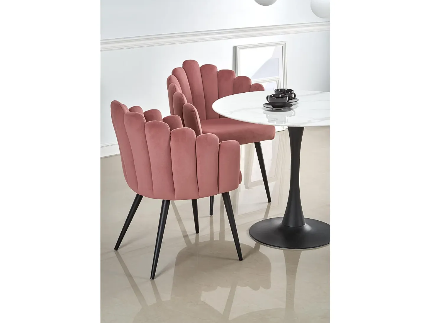 Mesa redonda de 90 cm con tablero de cristal imitación mármol blanco y pata central Amboise negra
