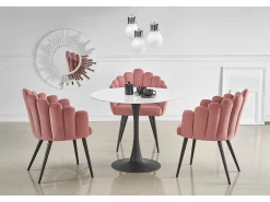 Mesa redonda de 90 cm con tablero de cristal imitación mármol blanco y pata central Amboise negra