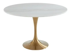 Mesa redonda de comedor design - 4 comensales - Mármol y metal - Blanco y dorado - NORAH