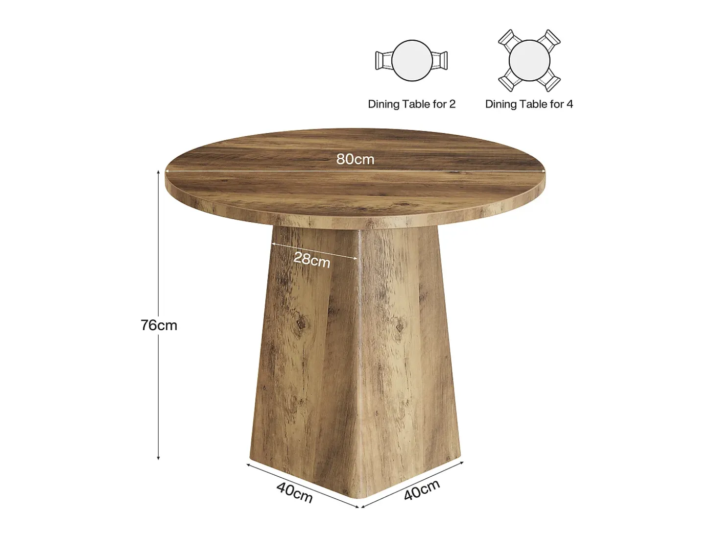 Mesa redonda de comedor de 80 cm para 2-4 personas, mesa de cocina pequeña rústica con base cuadrada