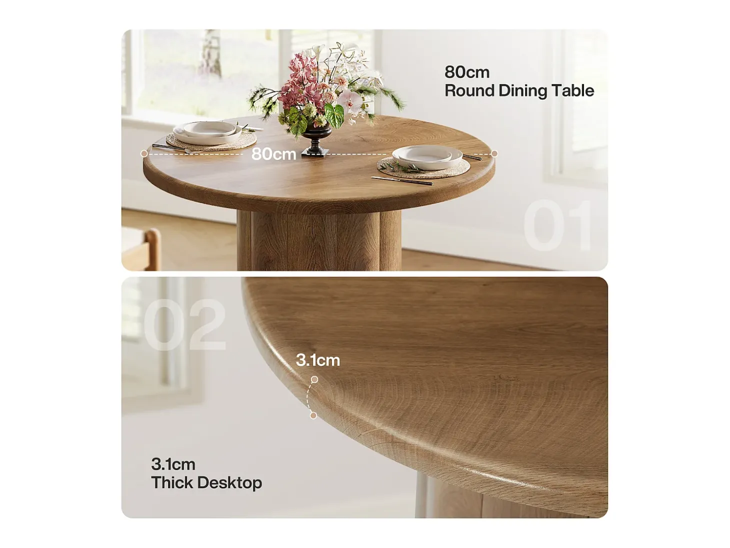 Mesa redonda de comedor, mesa de cocina para 2-4 personas, 80 x 80 x 75 cm, mesa rústica pequeña de comedor con base resistente para comedor (marrón)