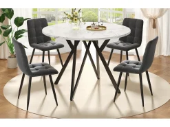 Mesa redonda de diseño moderno, tablero de MDF marmolado, patas de metal negro, para comedor y salón (100x100x76cm)