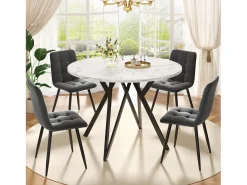 Mesa redonda de diseño moderno, tablero de MDF marmolado, patas de metal negro, para comedor y salón (100x100x76cm)