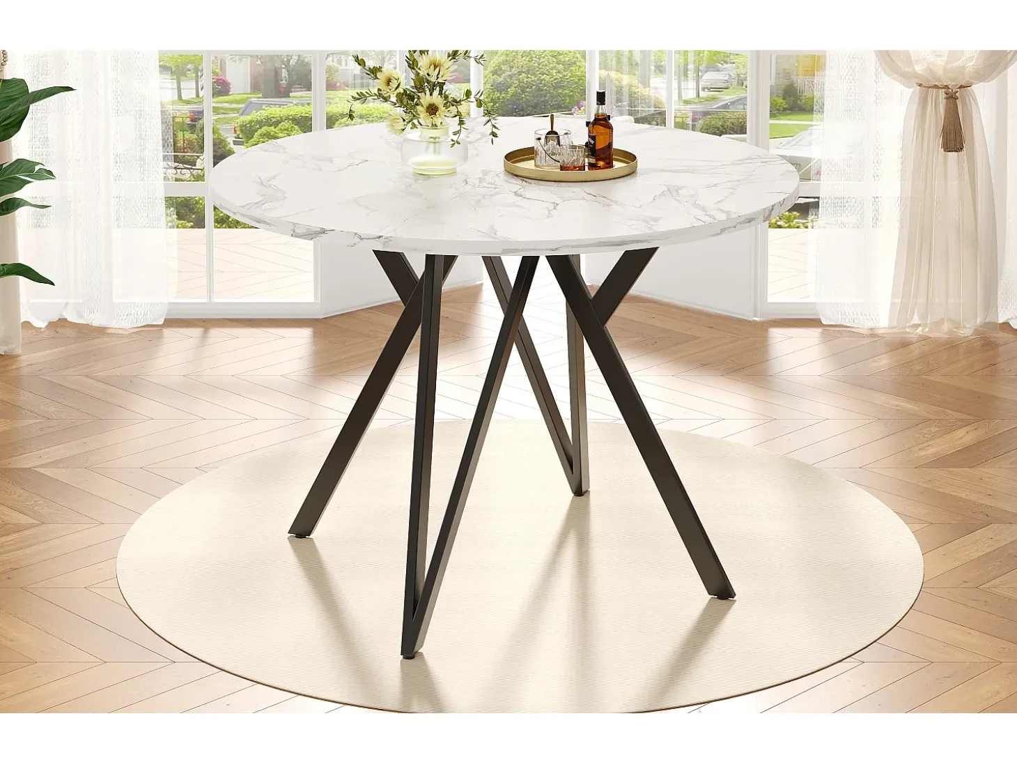 Mesa redonda de diseño moderno, tablero de MDF marmolado, patas de metal negro, para comedor y salón (100x100x76cm)