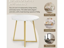 Mesa redonda de diseño, tapa de mármol blanco, base de metal dorado, para comedor y salón