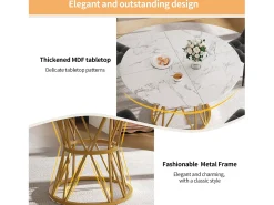 Mesa redonda de lujo, tablero de MDF marmolado, patas de metal dorado, para comedor y salón (100x100x76cm)