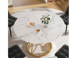 Mesa redonda de lujo, tablero de MDF marmolado, patas de metal dorado, para comedor y salón (100x100x76cm)