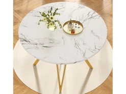 Mesa redonda de lujo, tablero de MDF marmolado, patas de metal dorado, para comedor y salón (100x100x76cm)