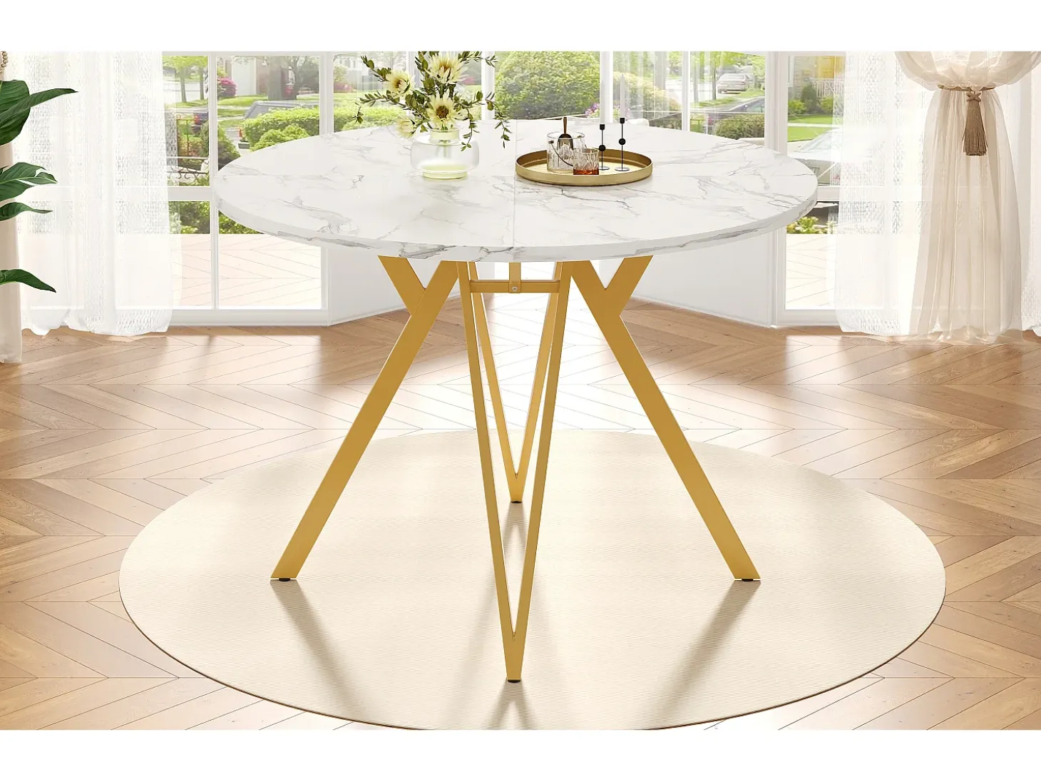 Mesa redonda de lujo, tablero de MDF marmolado, patas de metal dorado, para comedor y salón (100x100x76cm)