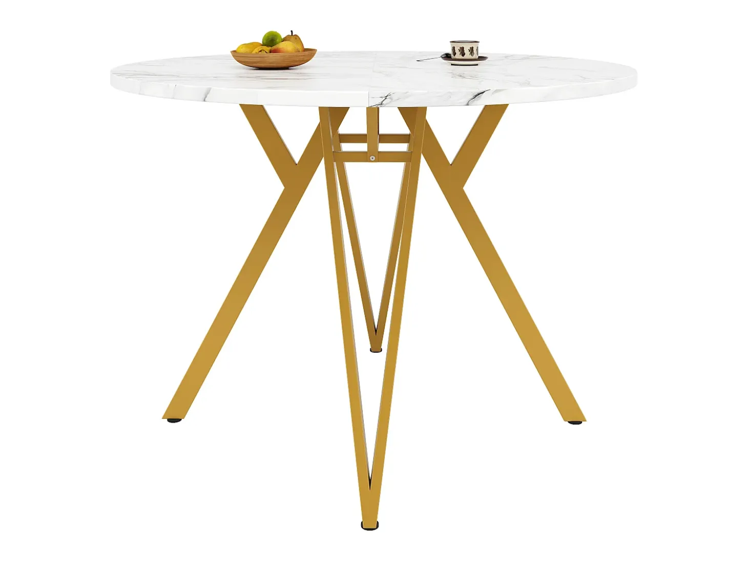 Mesa redonda de lujo, tablero de MDF marmolado, patas de metal dorado, para comedor y salón (100x100x76cm)