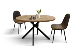 Mesa redonda de madera, acabado roble, patas de metal negro, Ø100xH75-140x100x75 - POLA