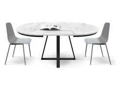 Mesa redonda de madera acabado blanco, patas negras, Ø120xH75.3-170x120x75.3 - PANTELLERIA