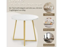 Mesa redonda moderna con patas de metal dorado, tablero de MDF blanco y diseño de mármol (80 cm) (80 x 80 x 75 cm)