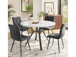 Mesa redonda moderna de mármol (1 m) + patas de metal negro en forma de X, diseño elegante, estable y duradero (100 x 100 x 75 cm)