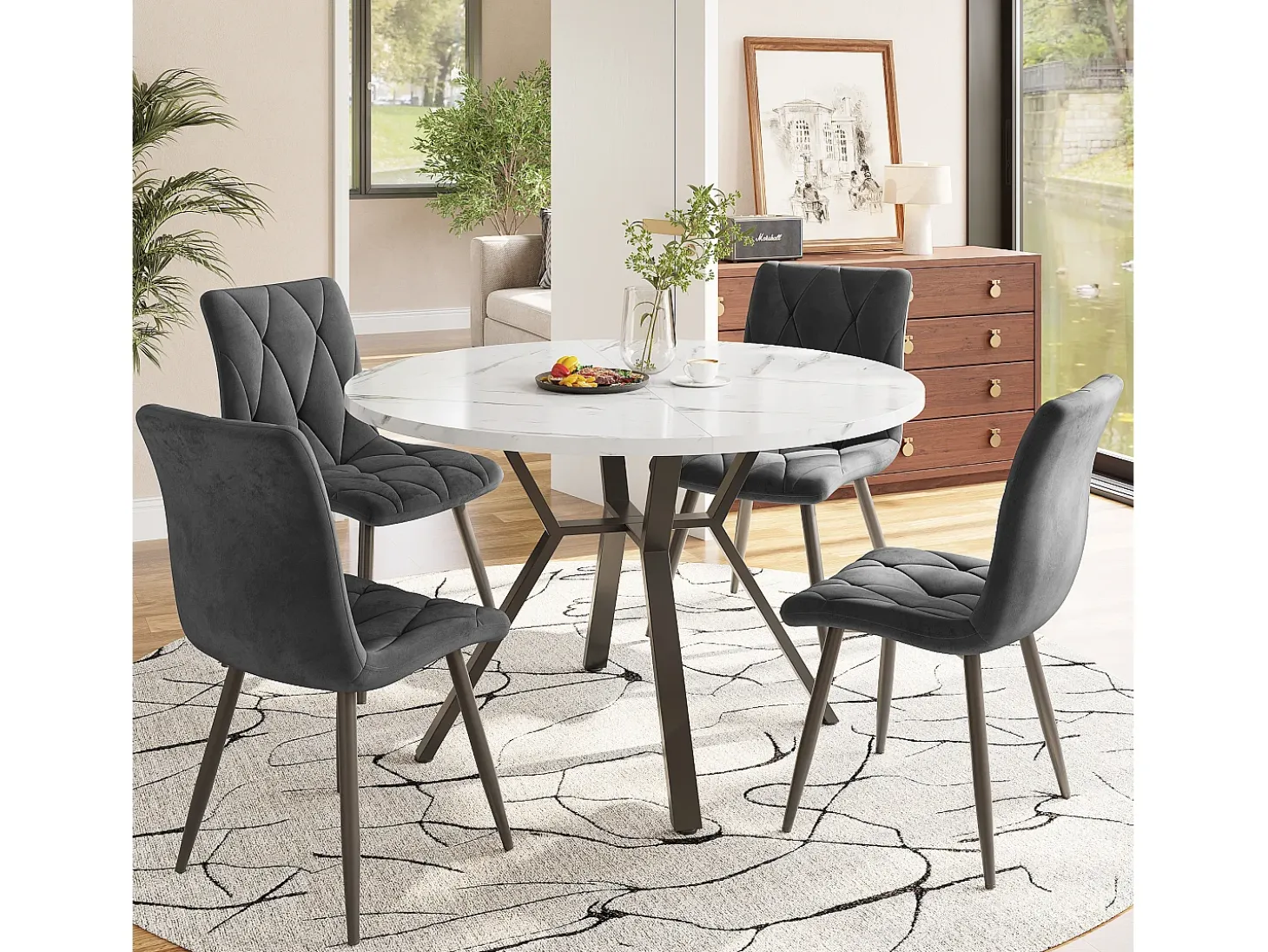 Mesa redonda moderna de mármol (1 m) + patas de metal negro en forma de X, diseño elegante, estable y duradero (100 x 100 x 75 cm)