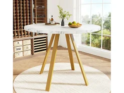 Mesa redonda para 4 personas 80×80×75 cm - patas de metal dorado - blanco + dorado