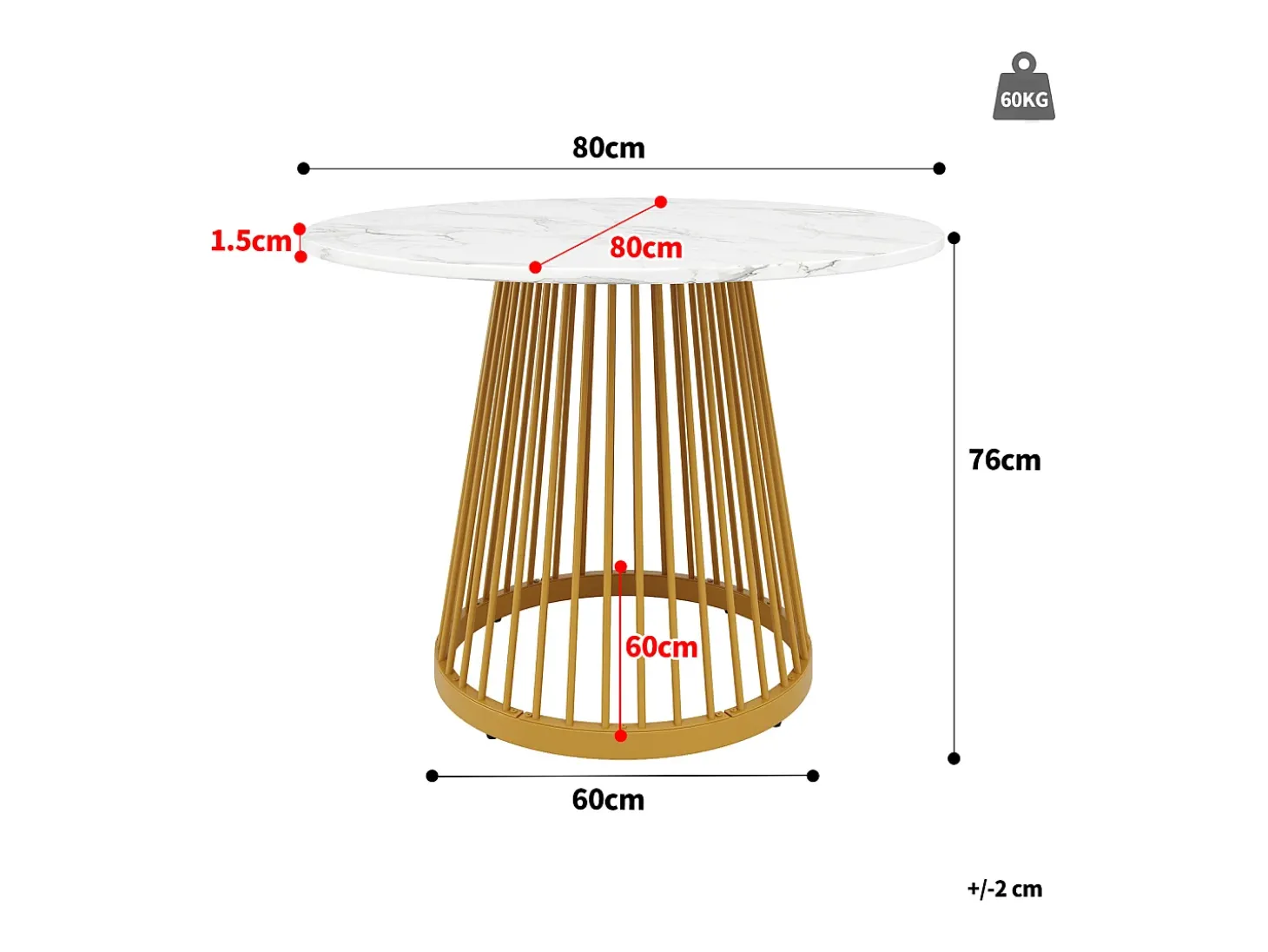 Mesa redonda para 4 personas, 80×80×76 cm, tablero de MDF marmolado, patas de metal dorado, ideal para cocina o salón.
