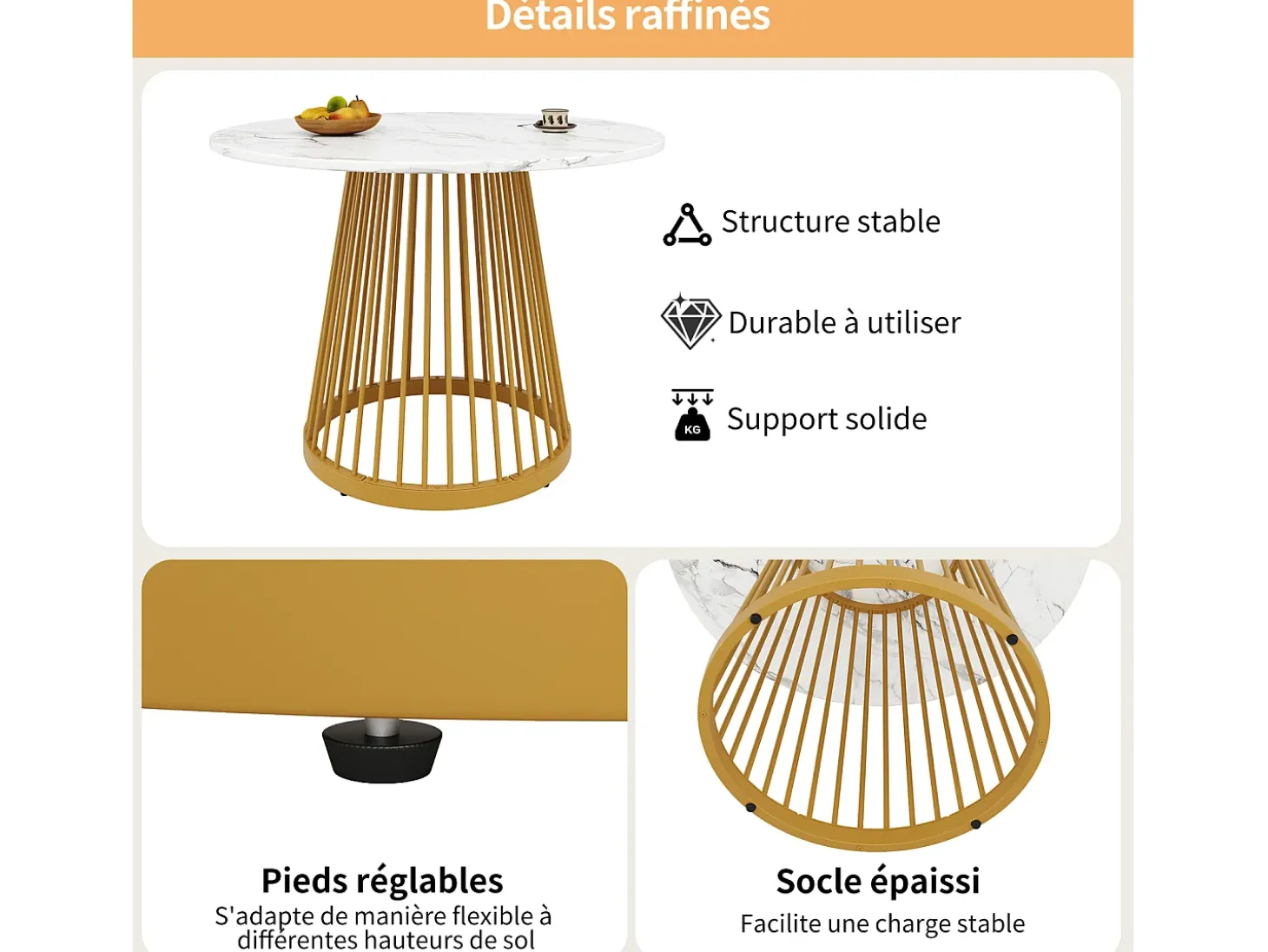 Mesa redonda para 4 personas, 80×80×76 cm, tablero de MDF marmolado, patas de metal dorado, ideal para cocina o salón.