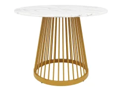 Mesa redonda para 4 personas, 80×80×76 cm, tablero de MDF marmolado, patas de metal dorado, ideal para cocina o salón.
