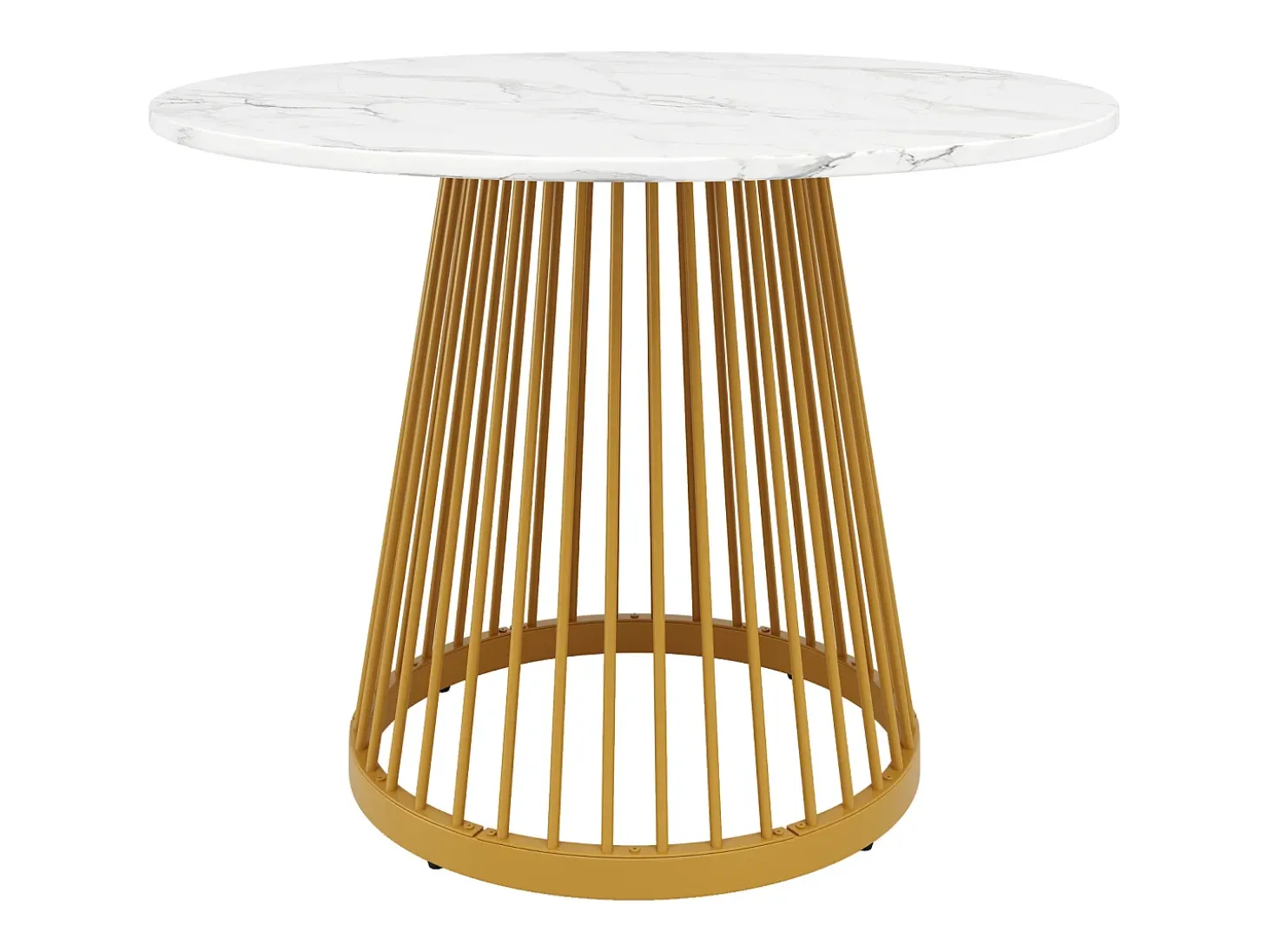 Mesa redonda para 4 personas, 80×80×76 cm, tablero de MDF marmolado, patas de metal dorado, ideal para cocina o salón.
