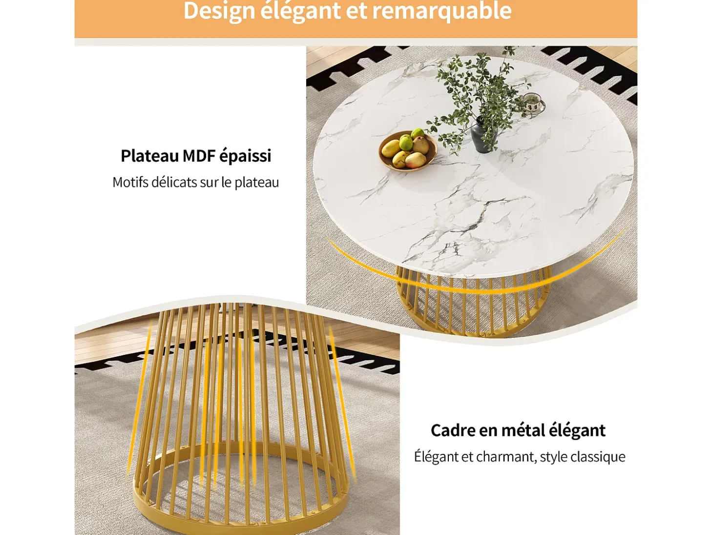 Mesa redonda para 4 personas, 80×80×76 cm, tablero de MDF marmolado, patas de metal dorado, ideal para cocina o salón.