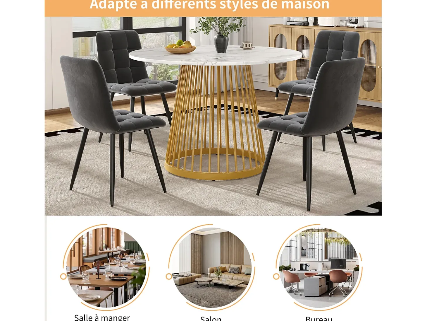 Mesa redonda para 4 personas, 80×80×76 cm, tablero de MDF marmolado, patas de metal dorado, ideal para cocina o salón.
