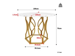 Mesa redonda para comedor - estructura metálica - acabado con patrón de mármol - para 4 personas - MDF - Blanco & Dorado