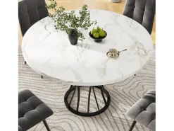 Mesa redonda 80x80x76 cm - Estructura de metal - acabado con diseño de mármol - Para 2 a 6 personas - Blanco y Negro