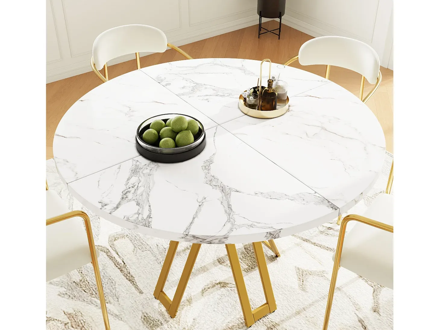 Mesa redonda 100x100x76 cm - Estructura de metal - acabado con diseño de mármol - Para 2 a 6 personas - Blanco y Dorado