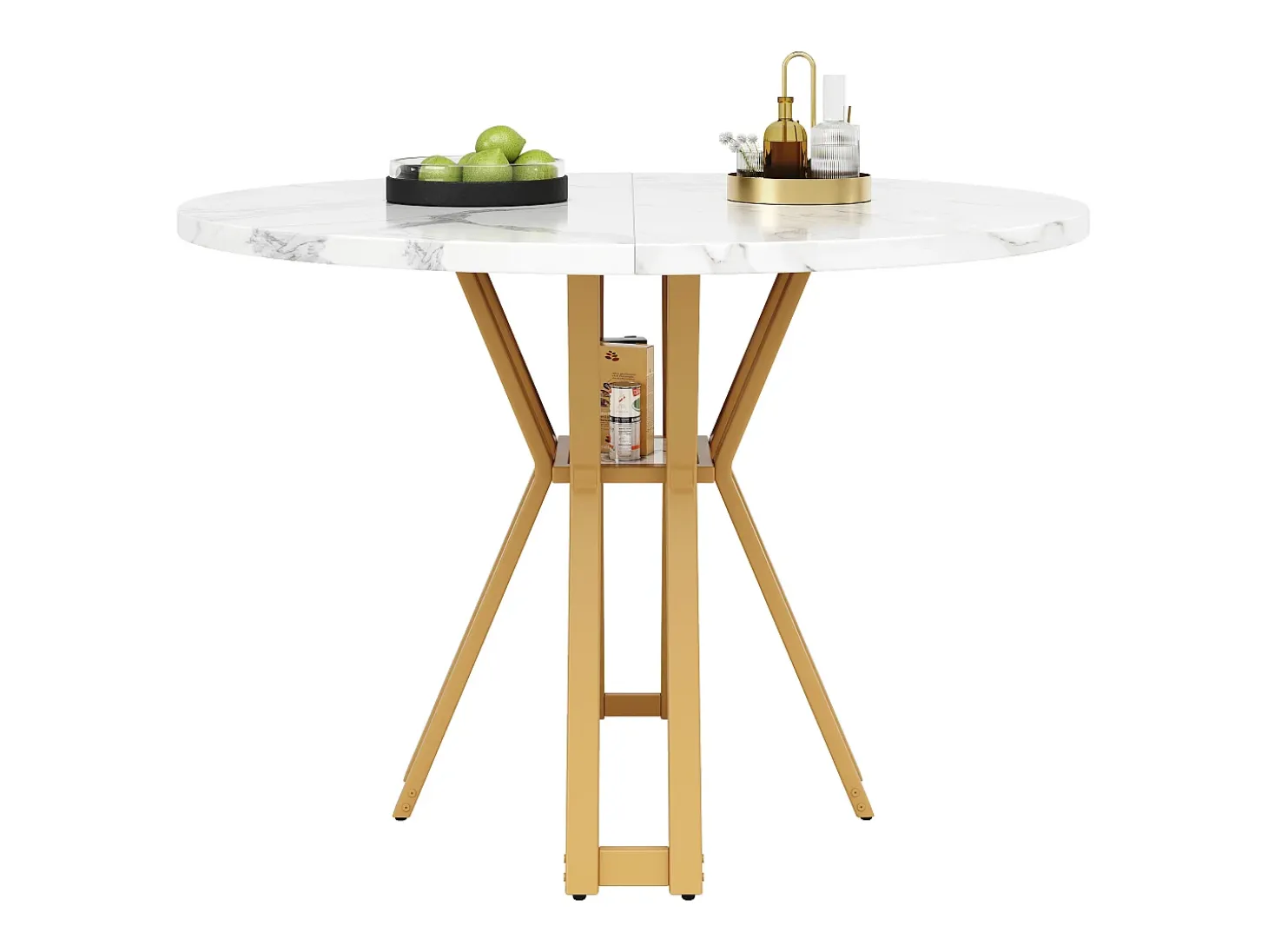 Mesa redonda 100x100x76 cm - Estructura de metal - acabado con diseño de mármol - Para 2 a 6 personas - Blanco y Dorado