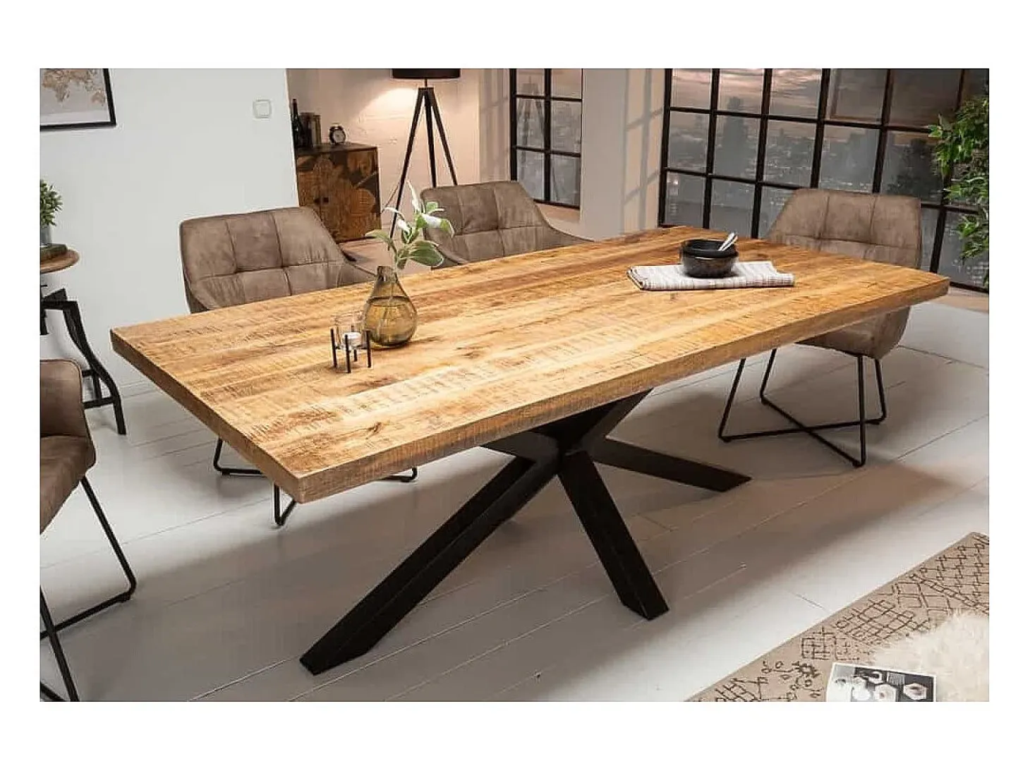 Mesa SOLARA 160 cm – Tablero de madera de mango barnizado y estructura de metal negro – Diseño industrial y encanto único