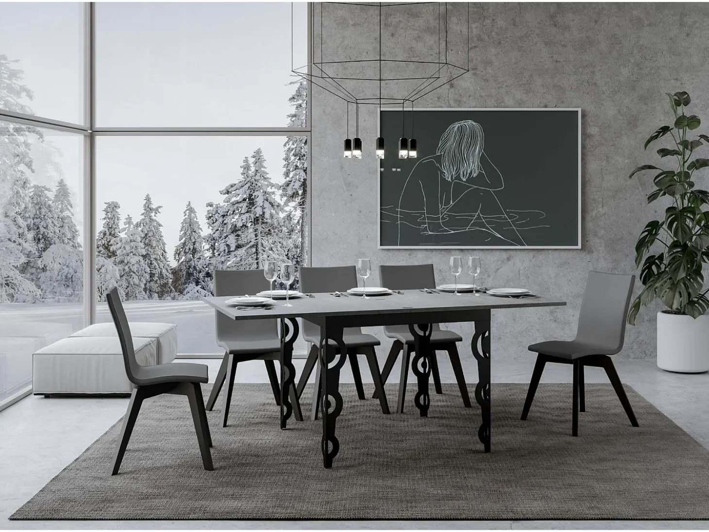 Mesa tipo libro 90x90/180 cm Karamay Libra Cemento estructura Antracita