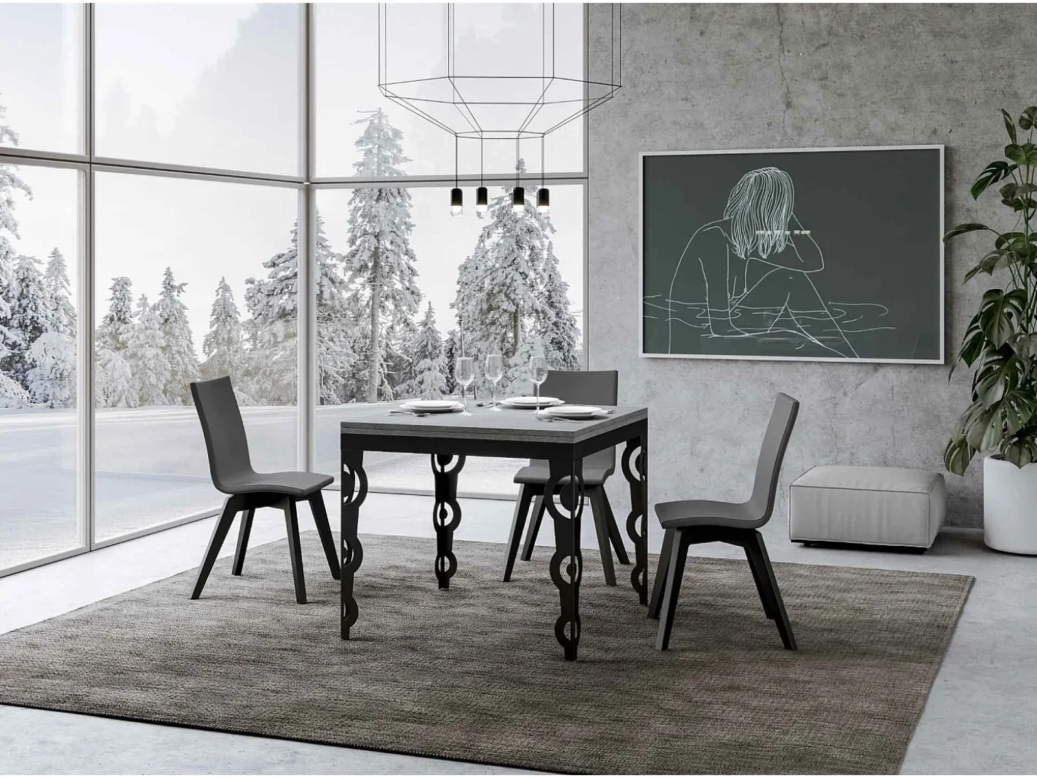 Mesa tipo libro 90x90/180 cm Karamay Libra Cemento estructura Antracita