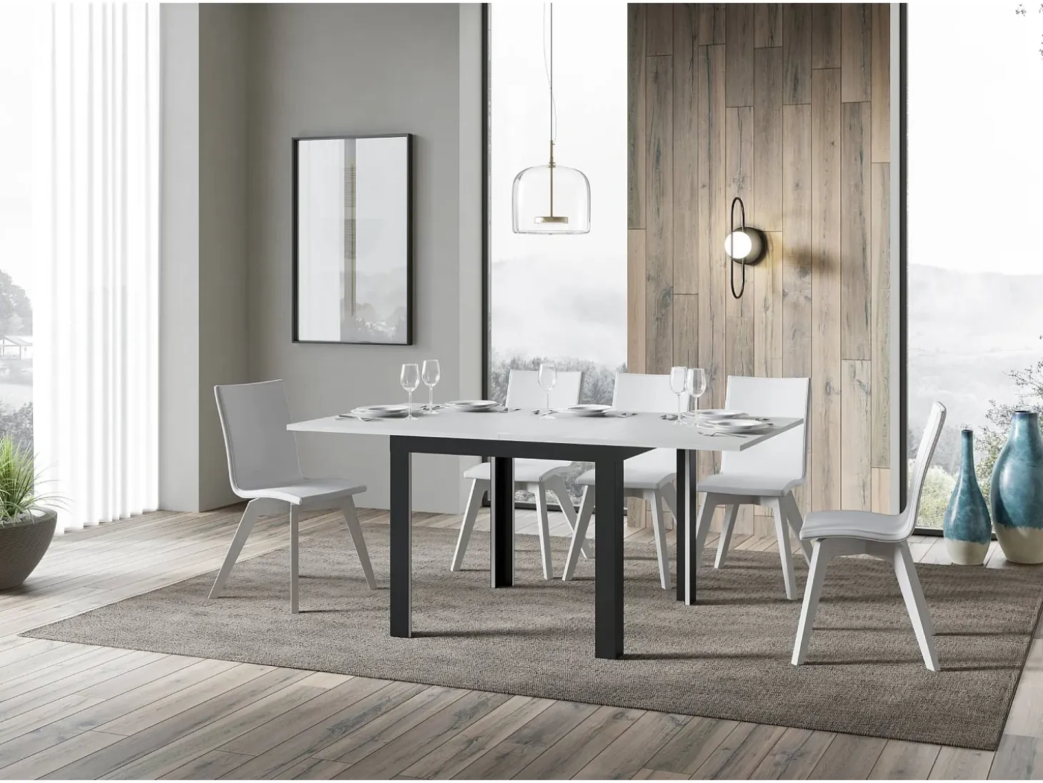 Mesa tipo libro 90x90/180 cm Linea Libra Fresno Blanco estructura Antracita