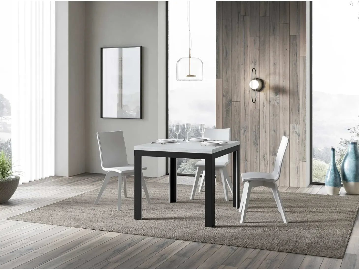 Mesa tipo libro 90x90/180 cm Linea Libra Fresno Blanco estructura Antracita