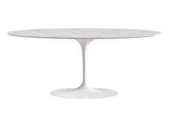Mesa tulipán ovalada de mármol blanco con base brillante 160 cm-Bandeja Mármol blanco de Carrara-Anchura 180 cm-Color de los pies Blanco brillante