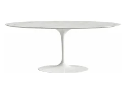 Mesa tulipán ovalada de mármol blanco con base brillante 160 cm-Bandeja Mármol negro de Marquinia-Anchura 200 cm-Color de los pies Blanco mate