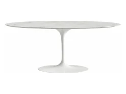 Mesa tulipán ovalada de mármol blanco con base brillante 160 cm-Bandeja Mármol marrón Emperador-Anchura 220 cm-Color de los pies Blanco mate